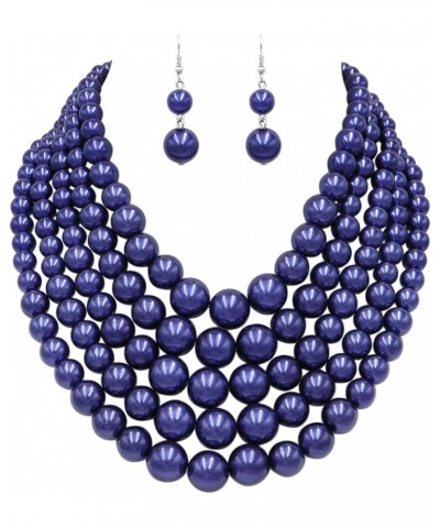 Women's 5 Colorful Multi Strands Simulated Pearl Bib Necklace And Earrings Jewelry Set, 16"+3" Extender Metallic Royal Blue S...