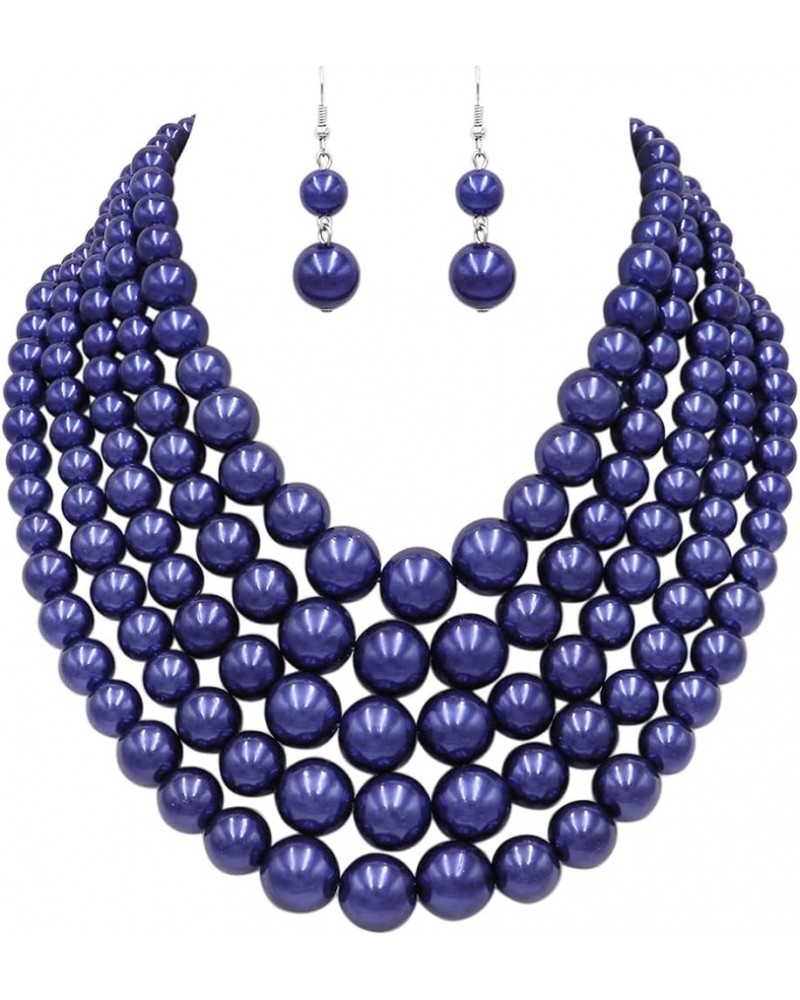 Women's 5 Colorful Multi Strands Simulated Pearl Bib Necklace And Earrings Jewelry Set, 16"+3" Extender Metallic Royal Blue S...