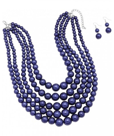 Women's 5 Colorful Multi Strands Simulated Pearl Bib Necklace And Earrings Jewelry Set, 16"+3" Extender Metallic Royal Blue S...