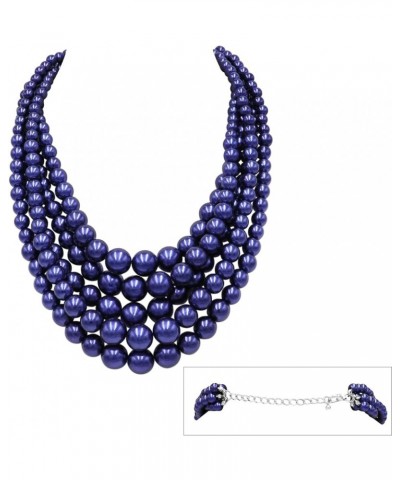 Women's 5 Colorful Multi Strands Simulated Pearl Bib Necklace And Earrings Jewelry Set, 16"+3" Extender Metallic Royal Blue S...