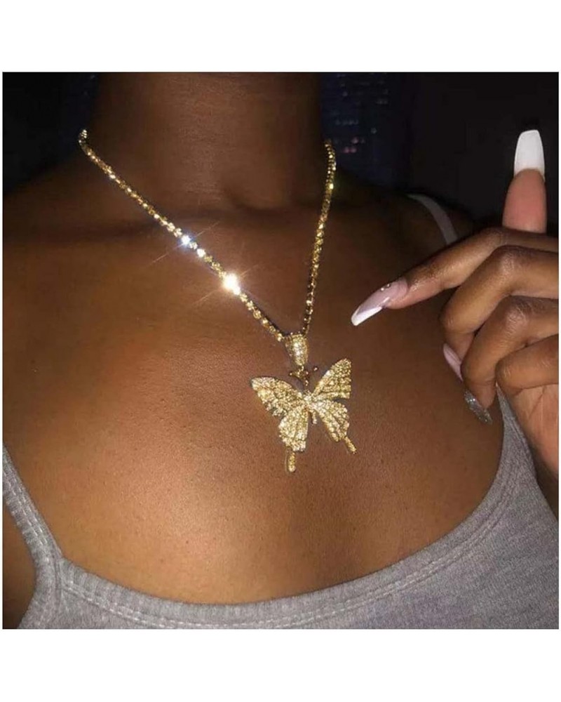 Boho Cz Crystal Butterfly Pendant Necklace Gold Tennis Chain Choker Necklace Cubic Tennis Butterfly Necklace Vintage Rhinesto...