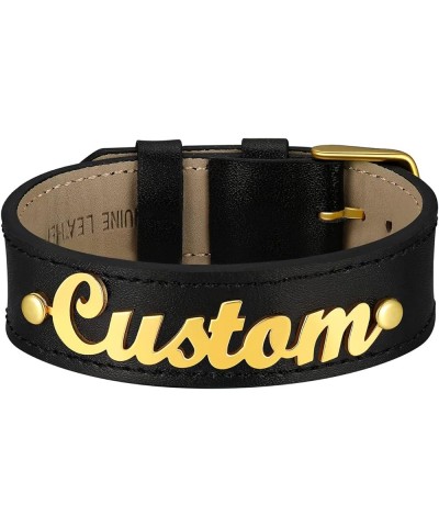 Custom Name Bracelets Personalized for Women Girls Black Genuine Leather Wristband 18K Gold Plated Initial Letter Charms with...