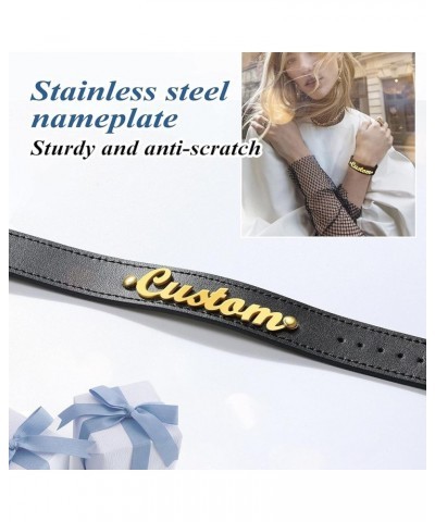 Custom Name Bracelets Personalized for Women Girls Black Genuine Leather Wristband 18K Gold Plated Initial Letter Charms with...