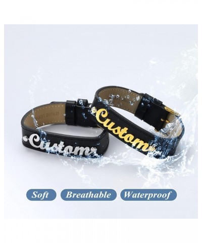 Custom Name Bracelets Personalized for Women Girls Black Genuine Leather Wristband 18K Gold Plated Initial Letter Charms with...