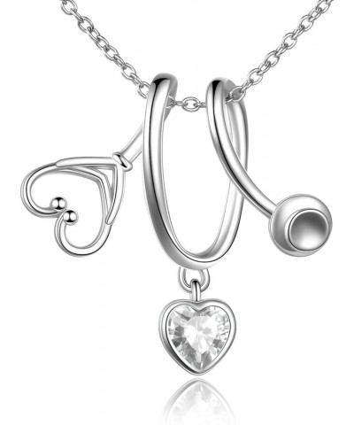 Stethoscope Pendant Necklace 925 Sterling Silver Heart Necklace Doctor Nurse Graduation Gift White $19.37 Necklaces