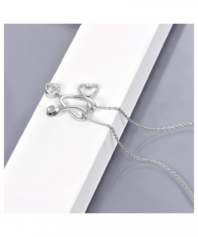 Stethoscope Pendant Necklace 925 Sterling Silver Heart Necklace Doctor Nurse Graduation Gift White $19.37 Necklaces