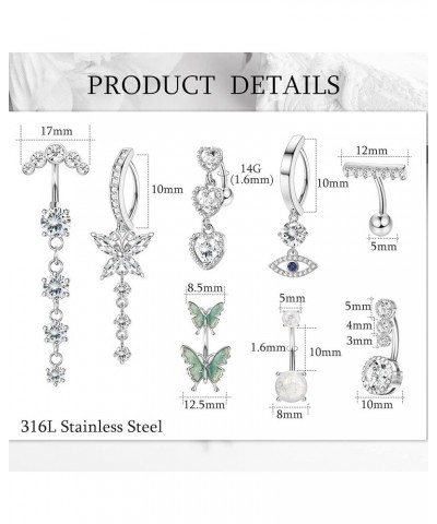 8PCS 14G Clicker Belly Button Rings for Women Surgical Steel Dangle CZ Evil Eye Butterfly Belly Button Rings Reverse Curved N...