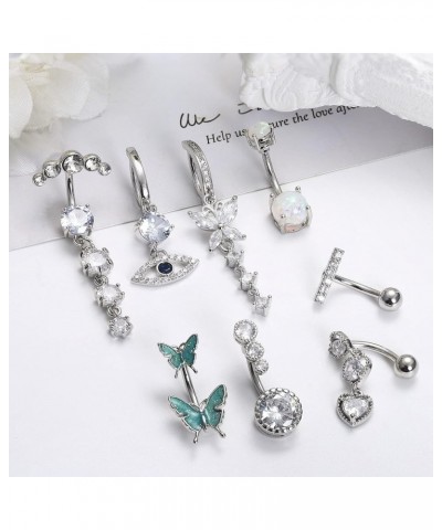 8PCS 14G Clicker Belly Button Rings for Women Surgical Steel Dangle CZ Evil Eye Butterfly Belly Button Rings Reverse Curved N...