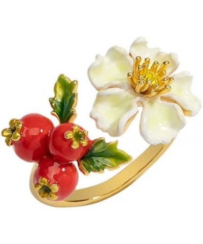 Clearance!!!! Flower And Red Fruit Hawthorn Berry Enamel Adjustable Ring Jewelry Gift $18.86 Rings