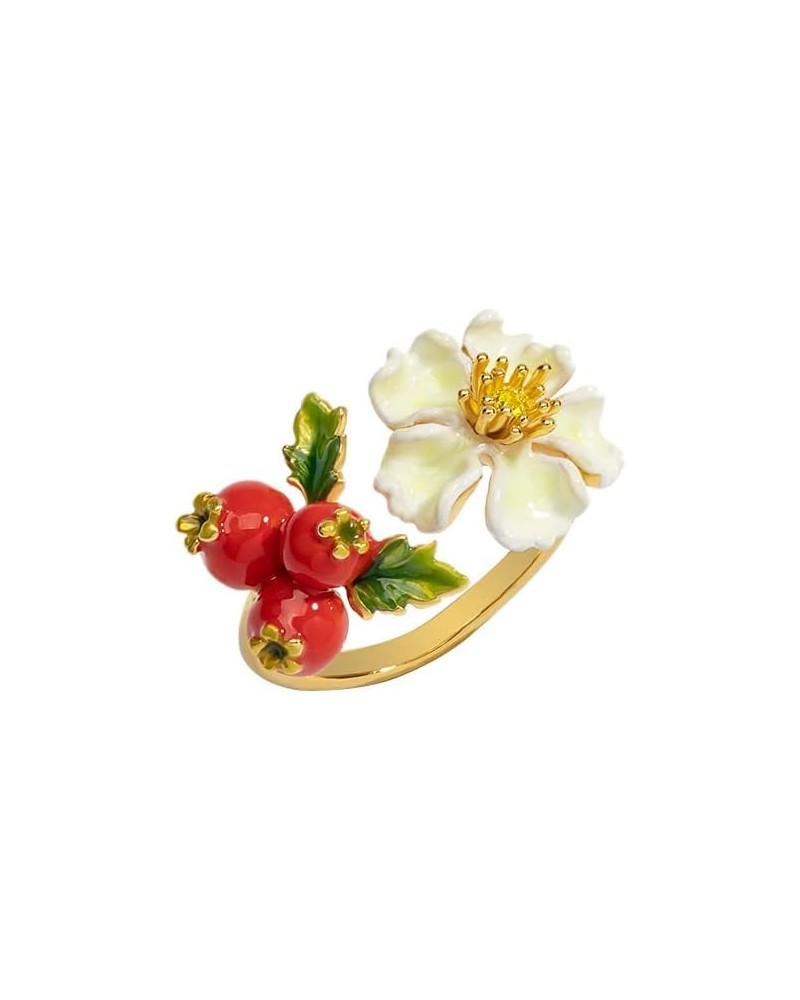 Clearance!!!! Flower And Red Fruit Hawthorn Berry Enamel Adjustable Ring Jewelry Gift $18.86 Rings