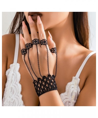 Vintage Finger Ring Hand Chain Bracelet Boho Black Layered Lace Slave Link Hand Harness Halloween Cosplay Hollow Cross Open R...