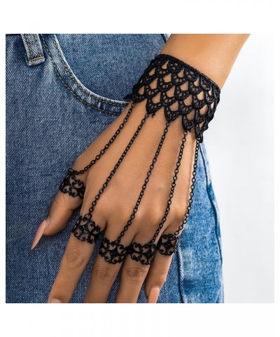 Vintage Finger Ring Hand Chain Bracelet Boho Black Layered Lace Slave Link Hand Harness Halloween Cosplay Hollow Cross Open R...