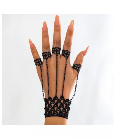 Vintage Finger Ring Hand Chain Bracelet Boho Black Layered Lace Slave Link Hand Harness Halloween Cosplay Hollow Cross Open R...