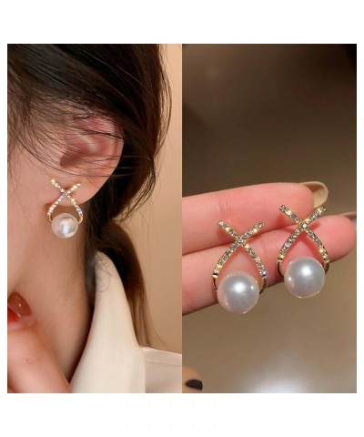 Vintage Crystal Pearl Earrings Pearl Drop Stud Earrings Gold Cz X Earrings Cz Cross Criss Bar Earrings Jewelry for Women and ...