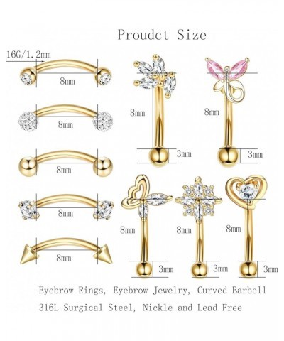 10Pcs Eyebrow Piercing Jewelry Eyebrow Rings 16G Curved Barbell Cartilage Earring Lip Belly Rings Daith Rook Earrings Helix C...