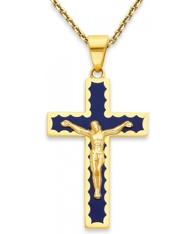 Cross Necklace in Solid 14k Gold with Blue Enamel, Made in America, Cross Chain for Men and Women 16" Necklace Yellow Gold $1...