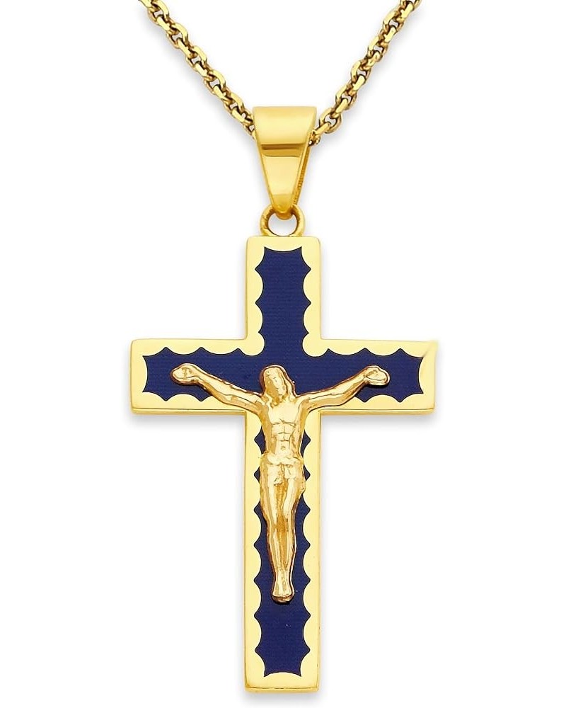 Cross Necklace in Solid 14k Gold with Blue Enamel, Made in America, Cross Chain for Men and Women 16" Necklace Yellow Gold $1...