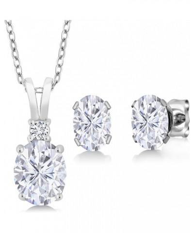 925 Sterling Silver White Moissanite and White Diamond Pendant Necklace Earrings Set For Women (3.37 Cttw, Oval 8X6MM and 7X5...