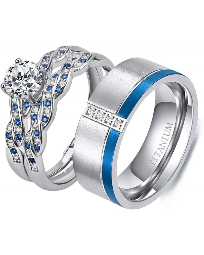 Couple Ring Bridal Set His Hers White Gold Plated CZ Stainless Steel Wedding Ring Band Set Blue women's size 6 & men's size 9...