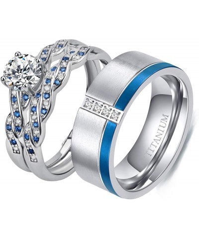 Couple Ring Bridal Set His Hers White Gold Plated CZ Stainless Steel Wedding Ring Band Set Blue women's size 6 & men's size 9...