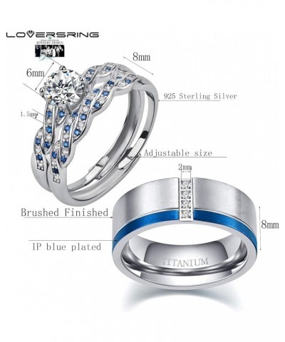 Couple Ring Bridal Set His Hers White Gold Plated CZ Stainless Steel Wedding Ring Band Set Blue women's size 6 & men's size 9...