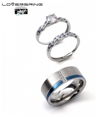 Couple Ring Bridal Set His Hers White Gold Plated CZ Stainless Steel Wedding Ring Band Set Blue women's size 6 & men's size 9...