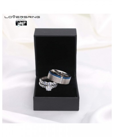 Couple Ring Bridal Set His Hers White Gold Plated CZ Stainless Steel Wedding Ring Band Set Blue women's size 6 & men's size 9...