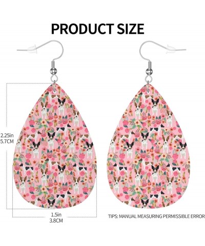 Cute Dog Puppy Pink Rose Flower Floral Leather Earrings For Women Light 2 Pairs Faux Leather Teardrop Dangle Earrings Gifts R...