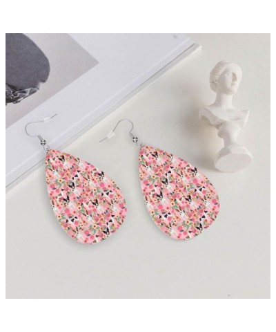 Cute Dog Puppy Pink Rose Flower Floral Leather Earrings For Women Light 2 Pairs Faux Leather Teardrop Dangle Earrings Gifts R...