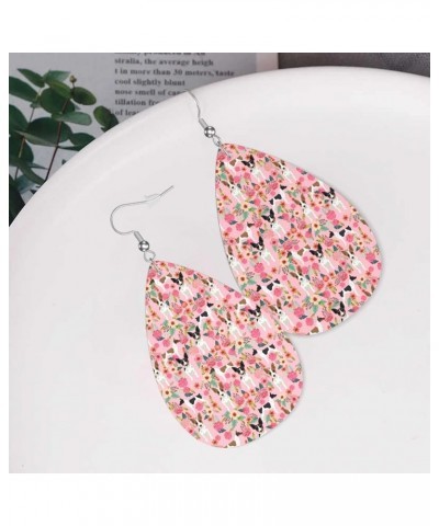 Cute Dog Puppy Pink Rose Flower Floral Leather Earrings For Women Light 2 Pairs Faux Leather Teardrop Dangle Earrings Gifts R...