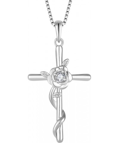 Cross Necklace for Women 925 Sterling Silver Rose Flower Birthstone Pendant Crucifix Faith Religion Necklace Created Gemstone...