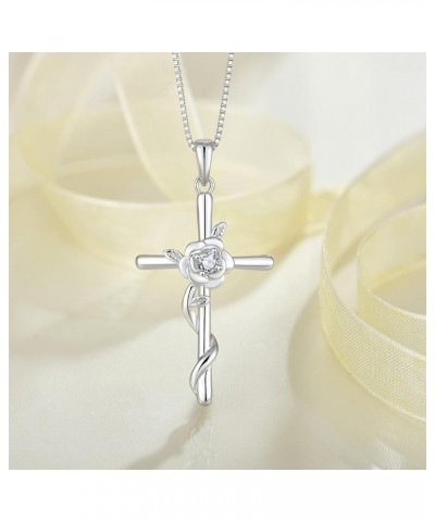 Cross Necklace for Women 925 Sterling Silver Rose Flower Birthstone Pendant Crucifix Faith Religion Necklace Created Gemstone...