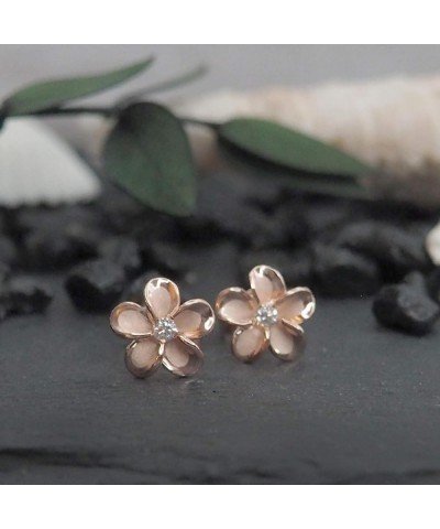 Plumeria Womens Stud Earrings – Hawaiian Flower Stud Earrings for Women – Sterling Silver Flower Earrings with CZ Stone – Ste...