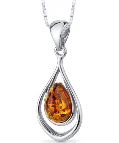 Genuine Baltic Amber Pendant Necklace and Earrings in Sterling Silver, Floating Teardrop Pear Shape, Rich Cognac Color Pendan...