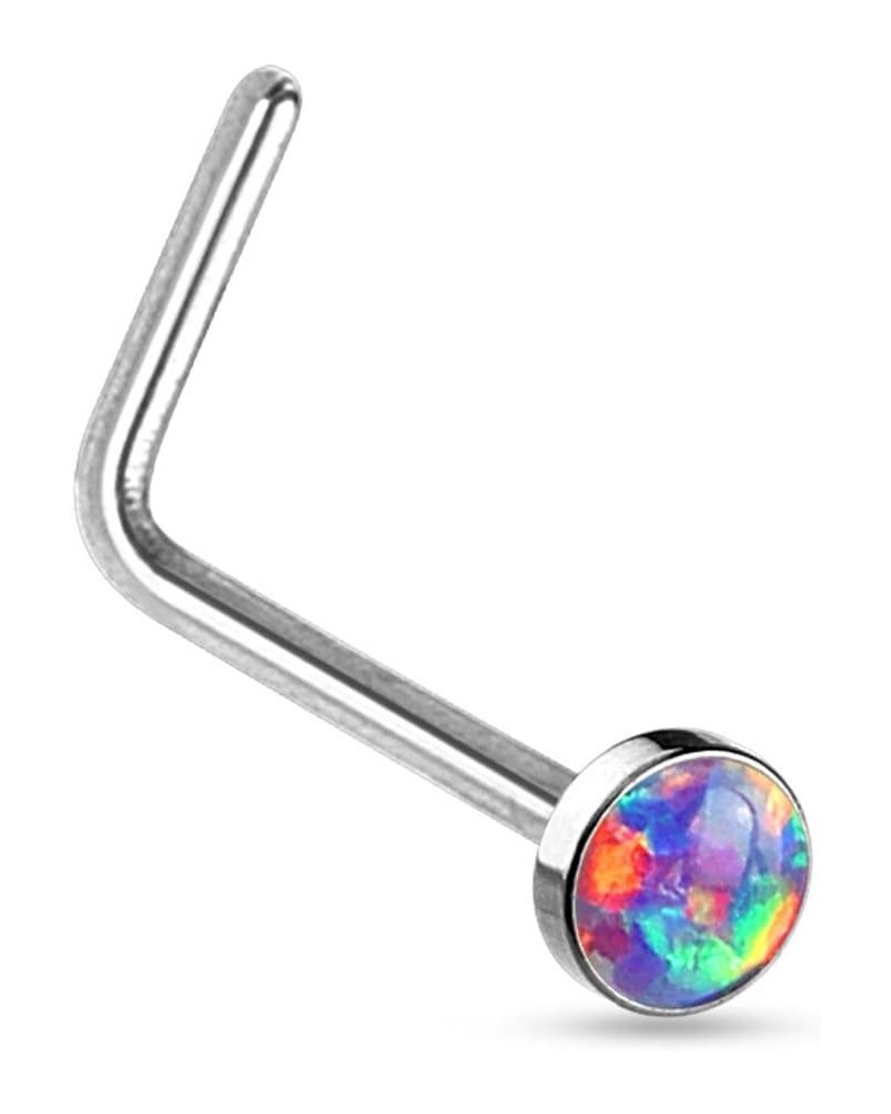 20G Synthetic Opal Set Flat Top PVD Over 316L Surgical Steel L bend Stud Nose Rings Steel/Purple $8.24 Body Jewelry