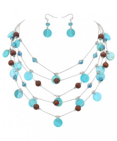 Handmade Multi-Layer Round Shell Wooden Beads Necklace with Earrings Light Blue $11.59 Necklaces