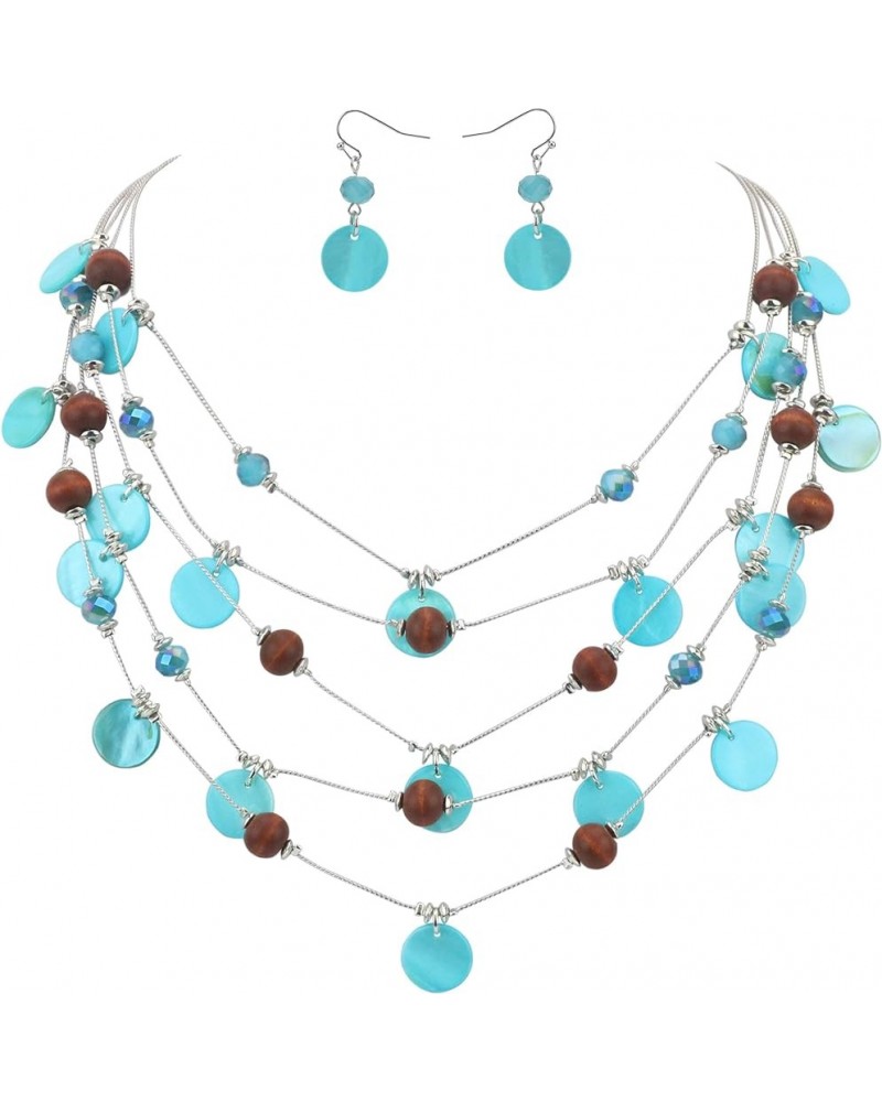 Handmade Multi-Layer Round Shell Wooden Beads Necklace with Earrings Light Blue $11.59 Necklaces