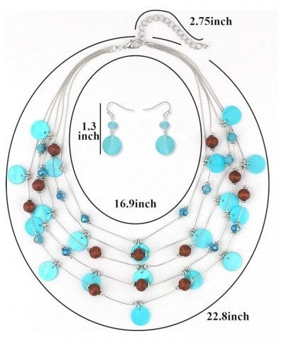 Handmade Multi-Layer Round Shell Wooden Beads Necklace with Earrings Light Blue $11.59 Necklaces