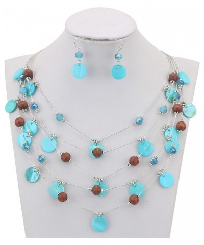 Handmade Multi-Layer Round Shell Wooden Beads Necklace with Earrings Light Blue $11.59 Necklaces