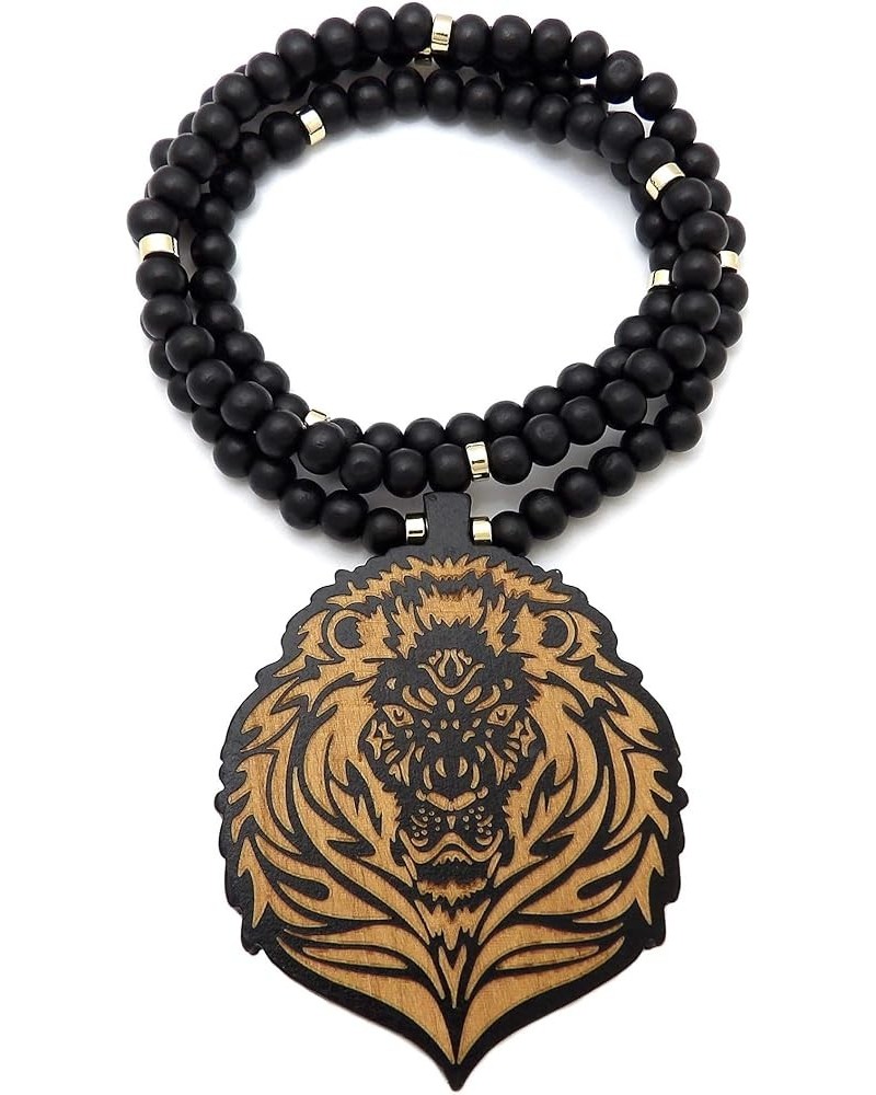 Wooden Carved Roaring Lion Front Face Pendant 8mm Wooden Bead Necklace 24"/30"/36 Black & Gold 24.0 Inches $12.41 Necklaces