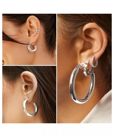 Chunky Silver Hoop Earrings for Women, Hypoallergenic Chunky Silver Hoops with S925 Sterling Silver Post for Women Girls, Fas...