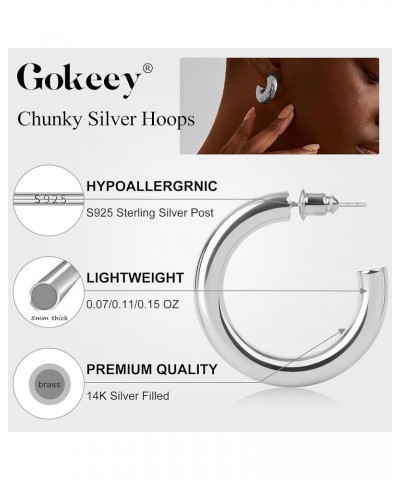 Chunky Silver Hoop Earrings for Women, Hypoallergenic Chunky Silver Hoops with S925 Sterling Silver Post for Women Girls, Fas...