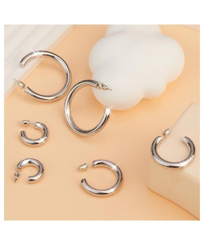 Chunky Silver Hoop Earrings for Women, Hypoallergenic Chunky Silver Hoops with S925 Sterling Silver Post for Women Girls, Fas...