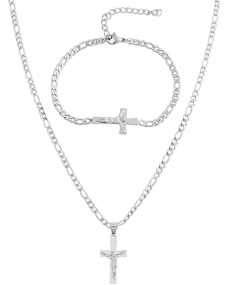 20 inch Figaro Link Chain Cross Necklace and Matching Bracelet, 20 Silver Crucifix $14.74 Necklaces