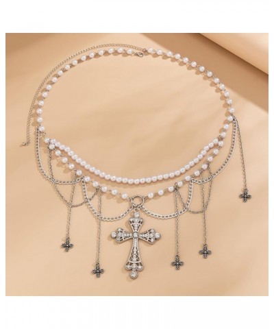 Exaggerated Vintage Rhinestone Cross Waist Chain Imitation Pearl Beaded Long Tassel Belly Waist Chain Multi Layer Floral Cros...