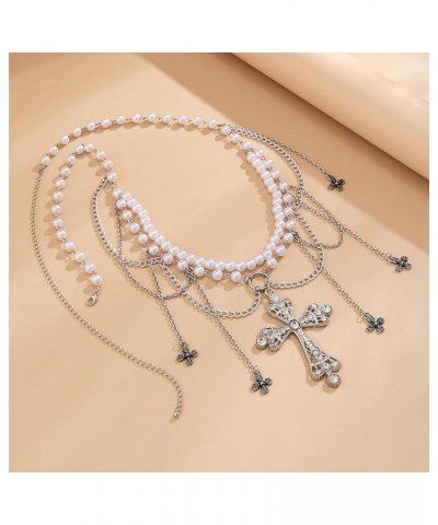 Exaggerated Vintage Rhinestone Cross Waist Chain Imitation Pearl Beaded Long Tassel Belly Waist Chain Multi Layer Floral Cros...