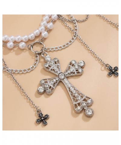 Exaggerated Vintage Rhinestone Cross Waist Chain Imitation Pearl Beaded Long Tassel Belly Waist Chain Multi Layer Floral Cros...