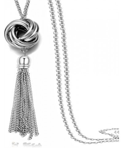 Long Tassel Necklace Silver Tone Lovely Knot Tassel Pendant Knot Snake Chain for Women Silver tassel $7.71 Necklaces