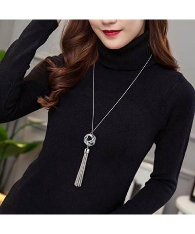 Long Tassel Necklace Silver Tone Lovely Knot Tassel Pendant Knot Snake Chain for Women Silver tassel $7.71 Necklaces