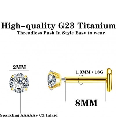 G23 Titanium 18G Flat Back Stud Earrings,2 Pcs CZ Threadless Push Pin Tragus Cartilage Lip Piercing Jewelry Gold,18G*8mm 2mm ...